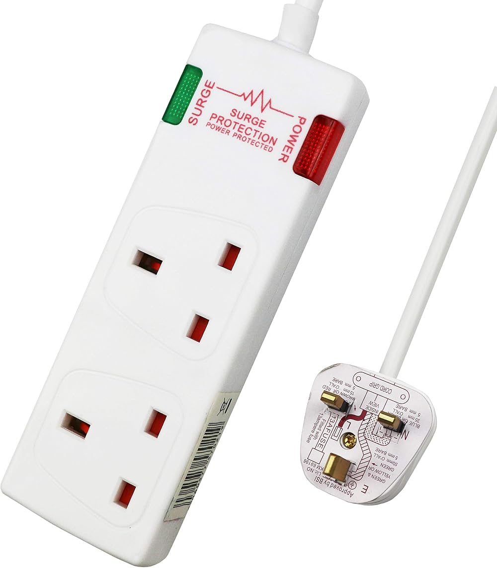 ExtraStar 2 Way Double Socket Power Mains Extension Lead 1M 13A Surge Protected