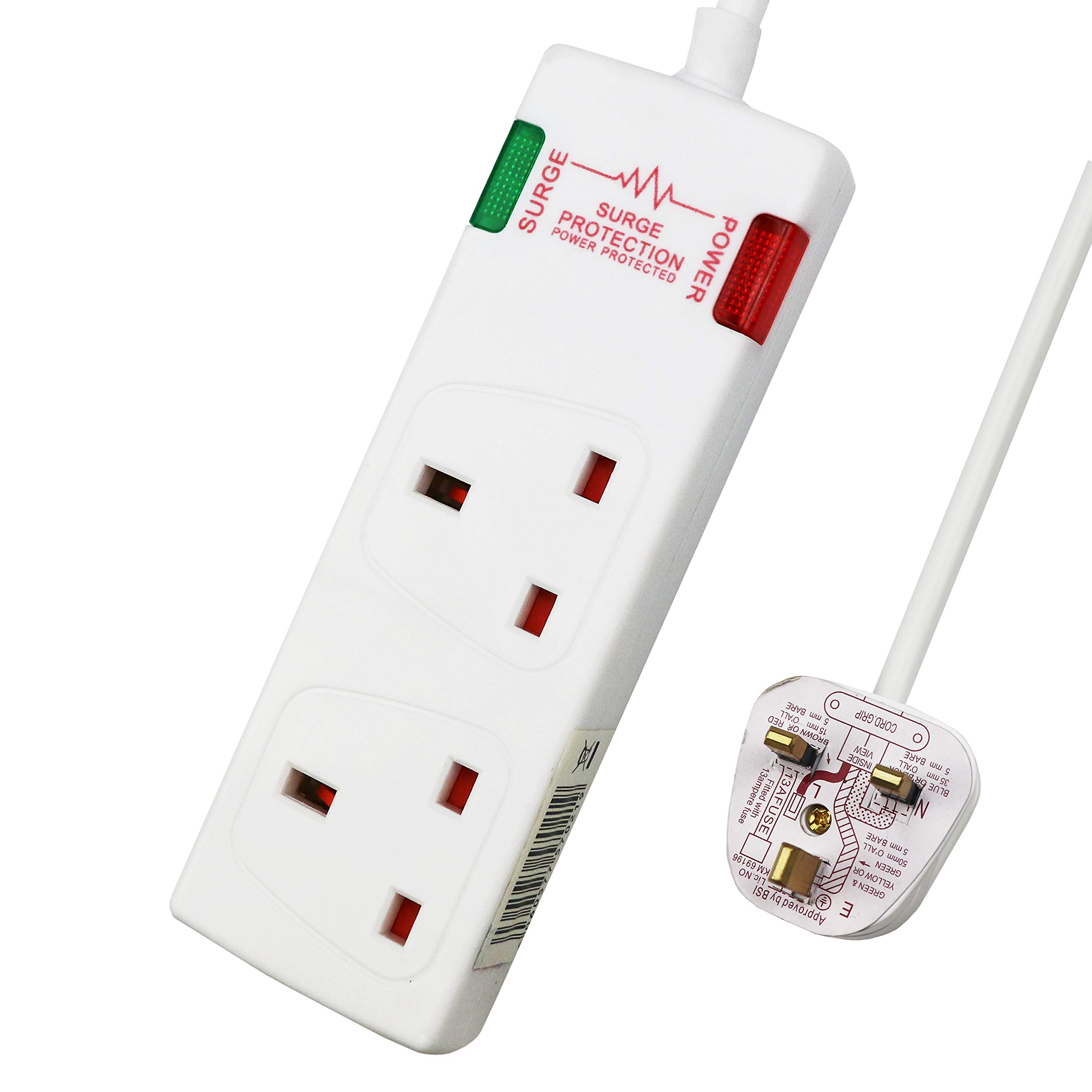 ExtraStar 2 Way Surge Protected British Approved 13A Power Mains Extension Lead (White, 5M)