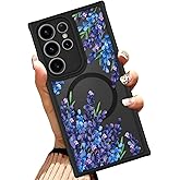 OOK Case Fit for Samsung Galaxy S23 Ultra 6.8 Inch (Wireless Charging Compatible) Purple Floral Flowers Lavender Phone Cover Soft TPU + Hard PC Anti-Scratch Shockproof Magnetic Case for Women