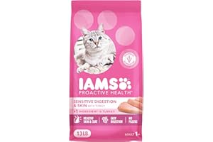 IAMS Proactive Health Adult Sensitive Digestion & Skin Dry Cat Food with Turkey, 13 lb. Bag