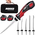 Mershca Cordless Electric Fillet Knife, with 5 Ti-Nitride S.S. Coated Non-Stick Reciprocating Blades & Cooling Hole Non-Slip Grip Handle & Practical handbag, Rechargeable Electric Knife for Fishing