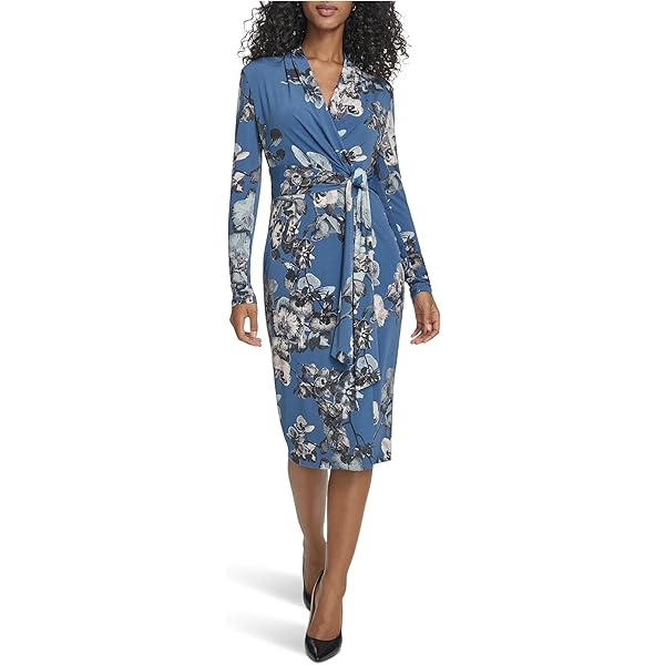 kenneth cole women's knot-front long-sleeve maxi dress Kenneth Cole Women's Printed Mesh Long Sleeve Knot Midi Dress, Black, XS
