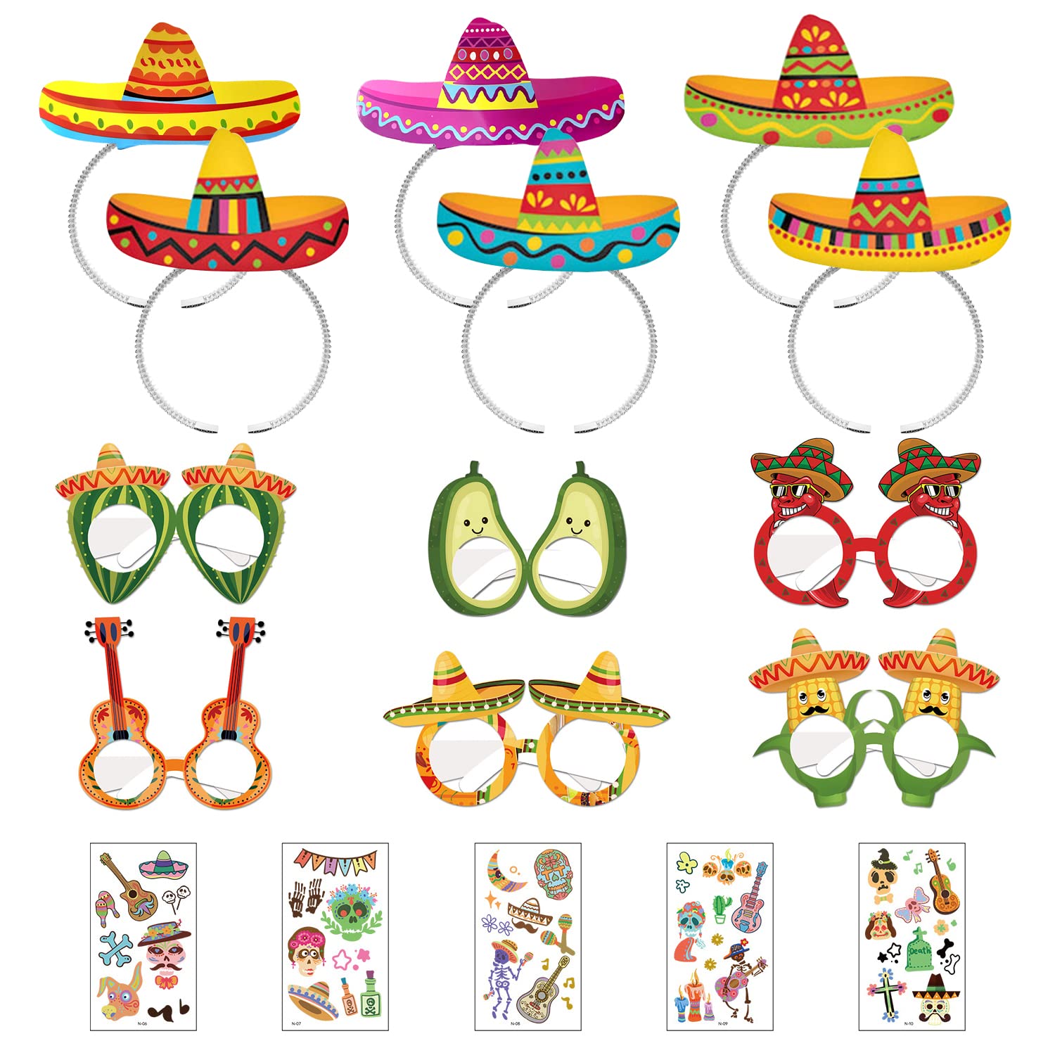 MUEEAD 12 Pieces Mexican Props Set, 5 Stickers, Mexican Theme Party, Makeup Costume Props, Decorative Headbands for Kids, Suitable for Party Decoration, Masquerade