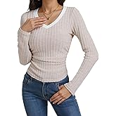 MONCCIZA Womens Long Sleeve Shirt Lightweight Tunic Sweaters V Neck Ribbed Knit Fitted Casual Tops