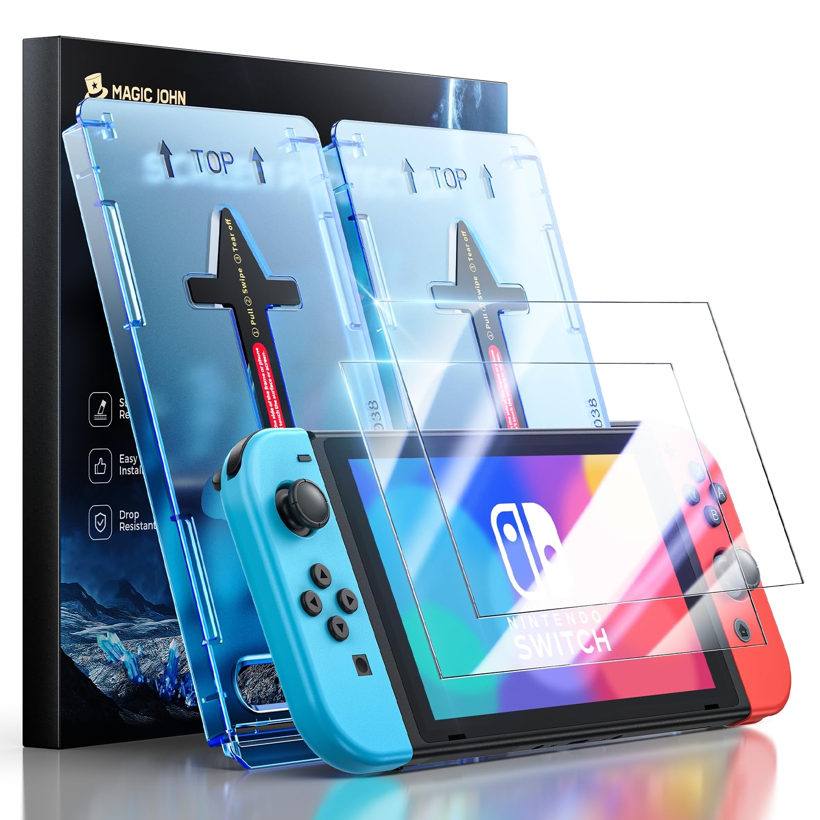 MAGIC JOHN for Nintendo Switch OLED Screen Protector (2021, 7.0"), Eye-Protection Blue-Light Filter, Auto Dust Removal, HD Clear, 9H Tempered Film for OLED Switch, 2 Pack