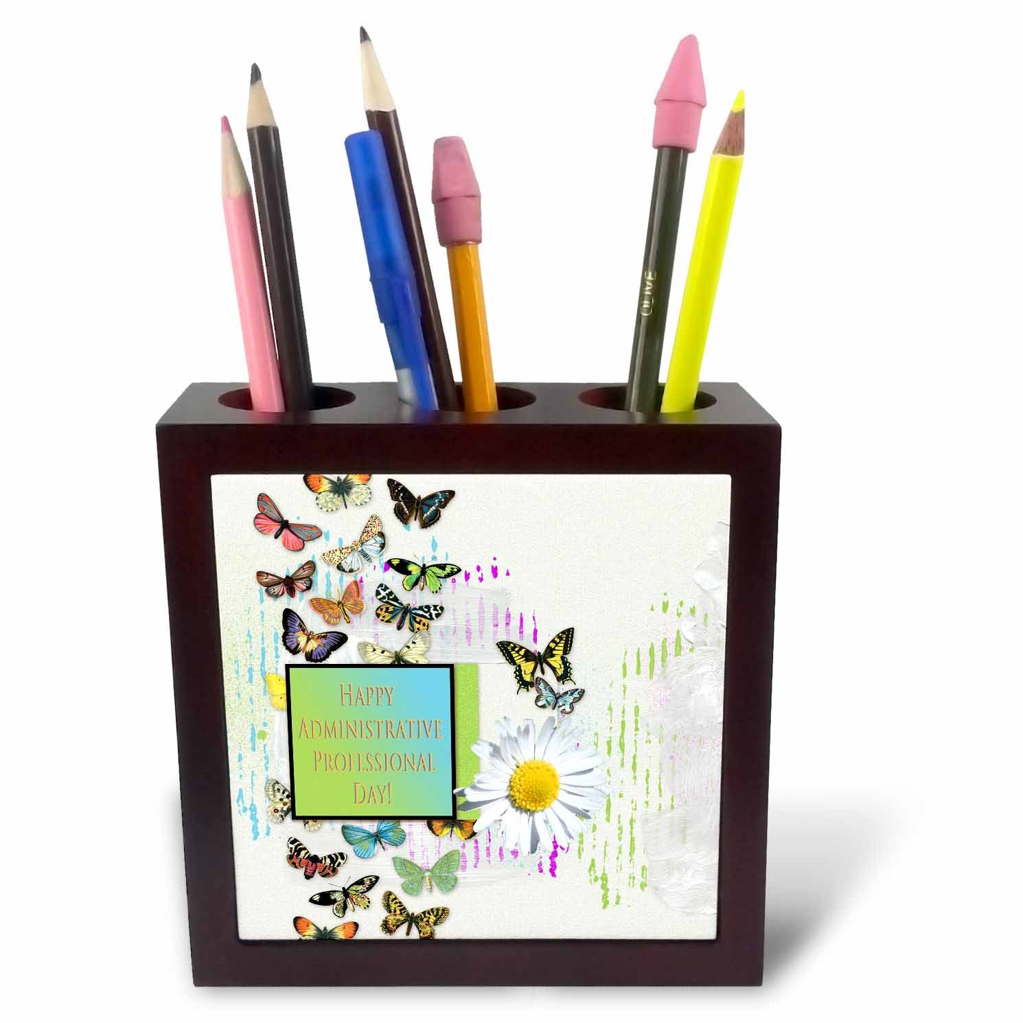 3dRose ph_239563_1 5-Inch Pretty Butterflies and Daisy Flower/Administrative Professionals Day Tile Pen Holder