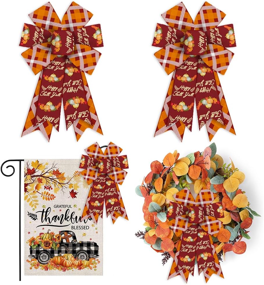 Bows & Ribbons - Threetols 2PCS Fall Wreath Bows, Orange Brown Buffalo Plaid Bows for Wreath Rustic Autumn Farmhouse Pumpkin Bows for Front Door Leaves Harvest Bows for Thanksgiving Party Home Indoor Outdoor Decor