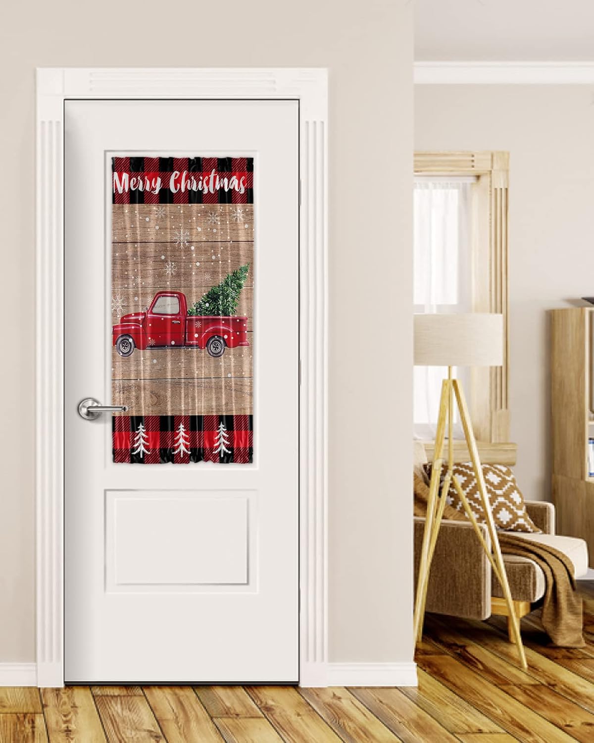 Outdoor Curtains - Christmas Red Truck Black Out French Door Curtains For Door Window, Classical Farmhouse Red Plaid Snowflake Rod Pocket Door Drapery Curtain Panel With Tiebacks For Sidelight Front Back Doors, 25