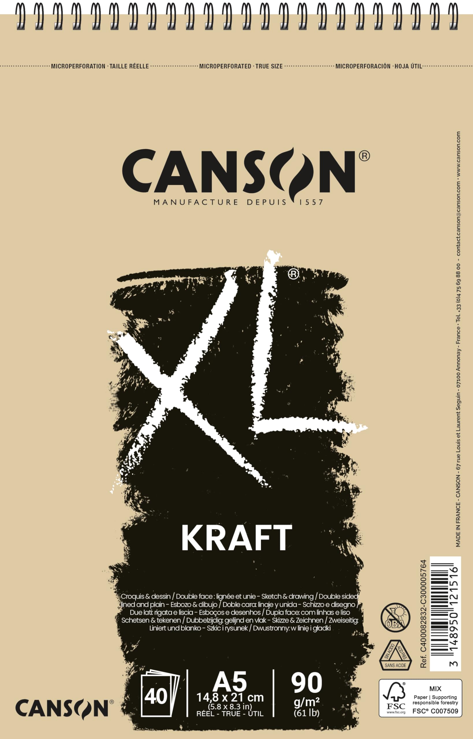 CANSON XL Kraft 90gsm A5 Paper, Laid, Spiral Pad Short Side, 40 Sheets, For Professional Artists & Illustrators
