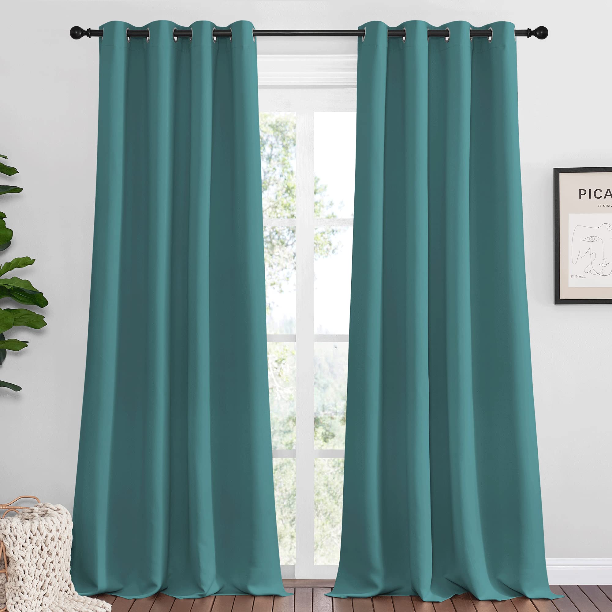 NICETOWN Sea Teal Blackout Curtains 102 inches Length for Living Room, 2 Panels, 55" Wide, Thermal Insulated Long Drapes for Large Window Image