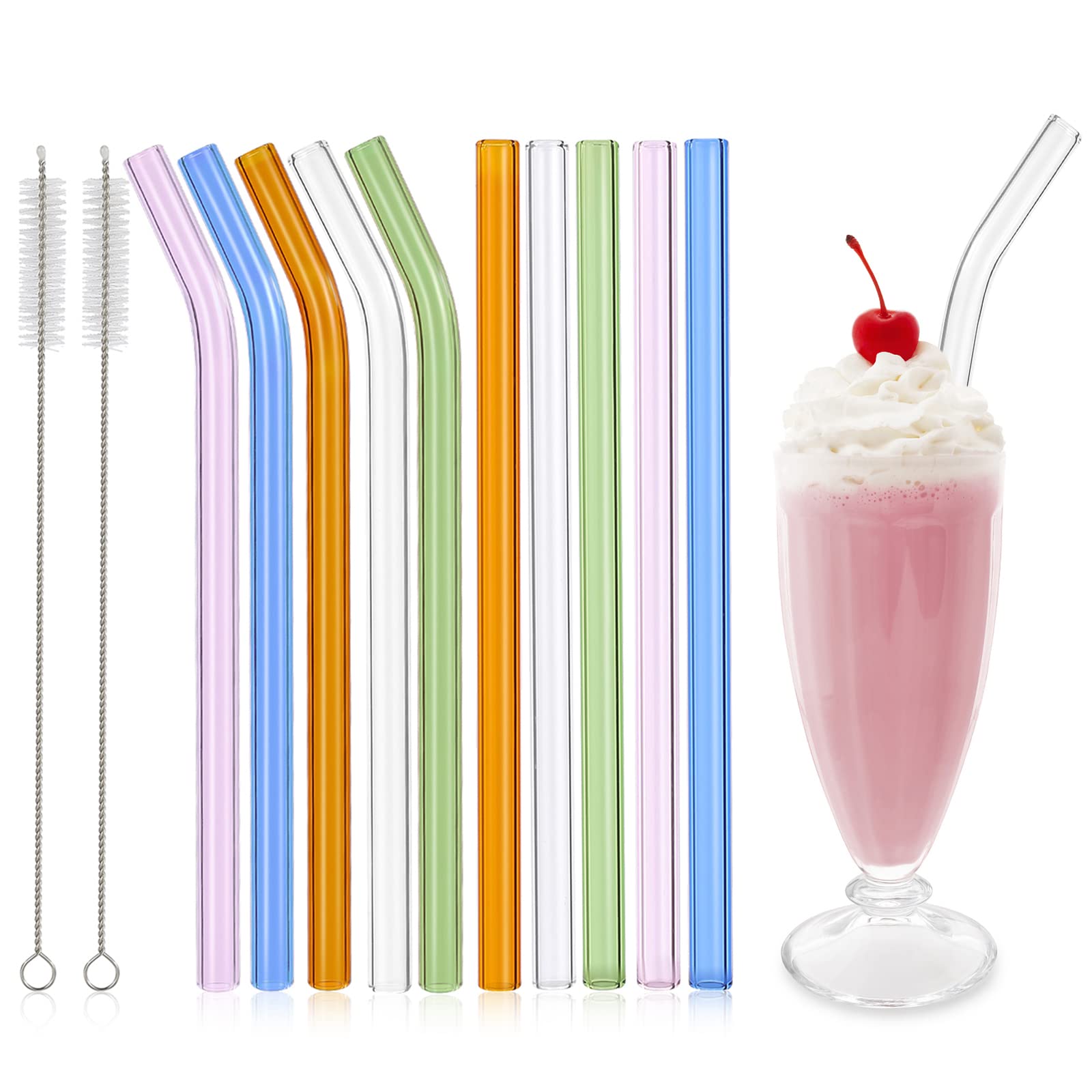 Photo 1 of RENYIH 10 Pcs Reusable Glass Smoothie Straws,9''x12 mm Glass Drinking Straws for Milkshakes, Tea, Juice,Set of 5 Straight and 5 Bent with 2 Cleaning Brushes -Dishwasher Safe(Colorful)