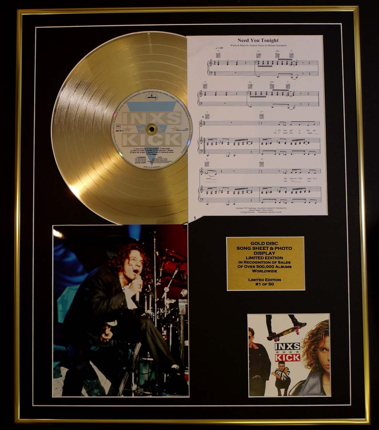 INXS/CD GOLD DISC, SONG SHEET & PHOTO DISPLAY/LTD. EDITION/COA/ALBUM, KICK/SONG SHEET, NEED YOU TONIGHT