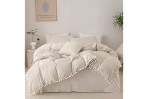 Bedbay Beige Duvet Cover Twin Size Aesthetic Bedding Set Soft Boho Duvet Cover Cute Ball Pom Pom Fringe Farmhouse Bedding Set Twin for Boys Girls 2 Pcs Boho Bedding Set(Beige,Twin)