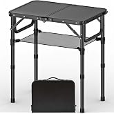 YihuiKo Folding Picnic Table with Storage Net, Lightweight Portable Table | Adjustable Height Max 27.5", Small Folding Table for Camping Travel Indoor, Carry Handle, Aluminum Alloy Frame, Matte Black