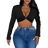LovelyWholesale Women Long Sleeve Crop Top Twist Front Tops Sexy V Neck T Shirts