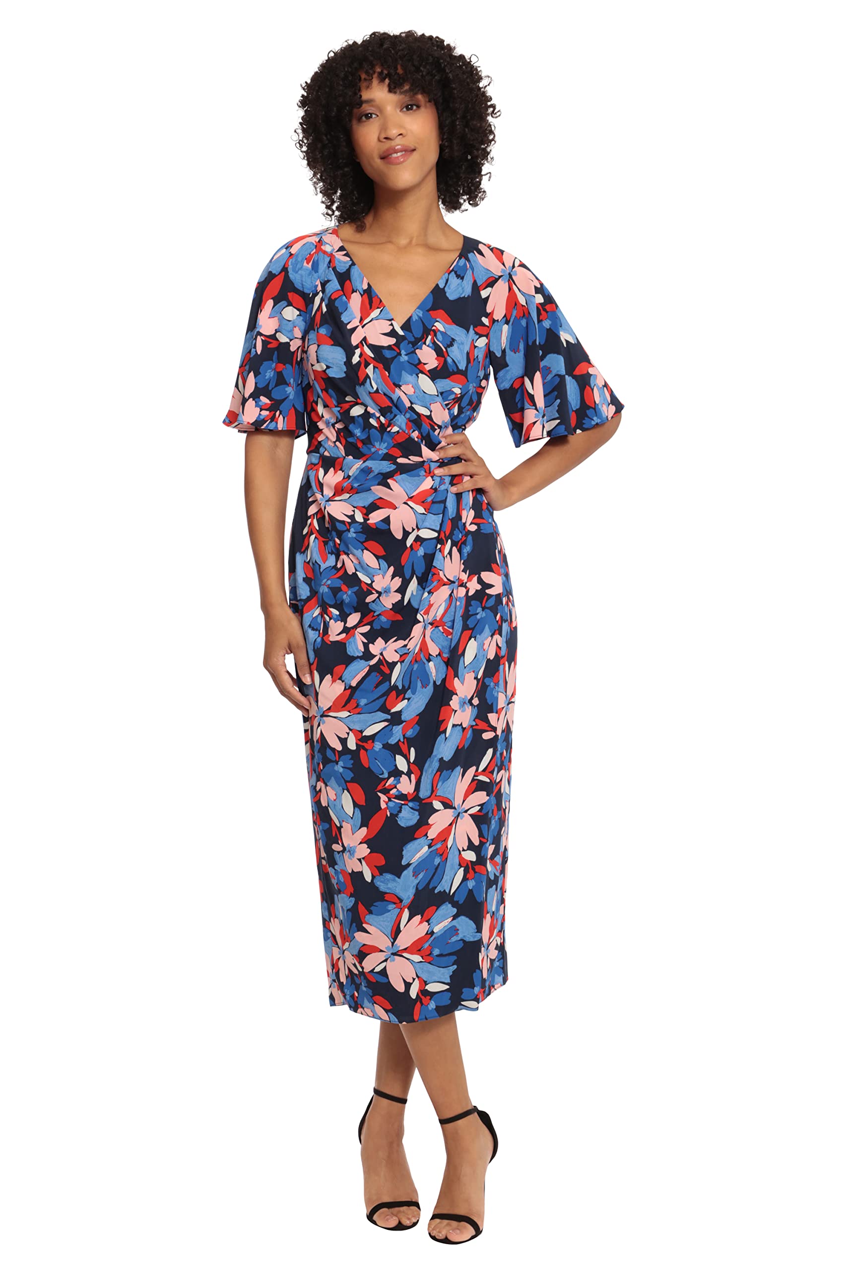 Maggy London Women’s Short Flutter Sleeve Faux Wrap Midi Dress, Navy/Red