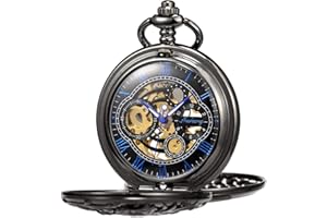TREEWETO Mens Mechanical Pocket Watch Dream Dragon Skeleton Half Hunter Double Open Silver/Bronze/Black Case for Man