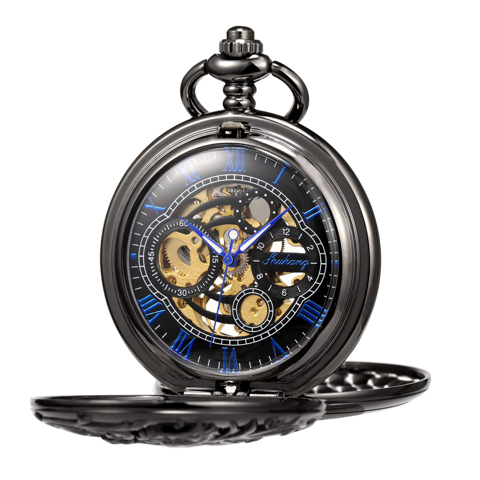 TREEWETO Antique Mechanical Pocket Watch Lucky Dragon Hollow Case Double Hunter Skeleton Dial with Chain + Gift Box