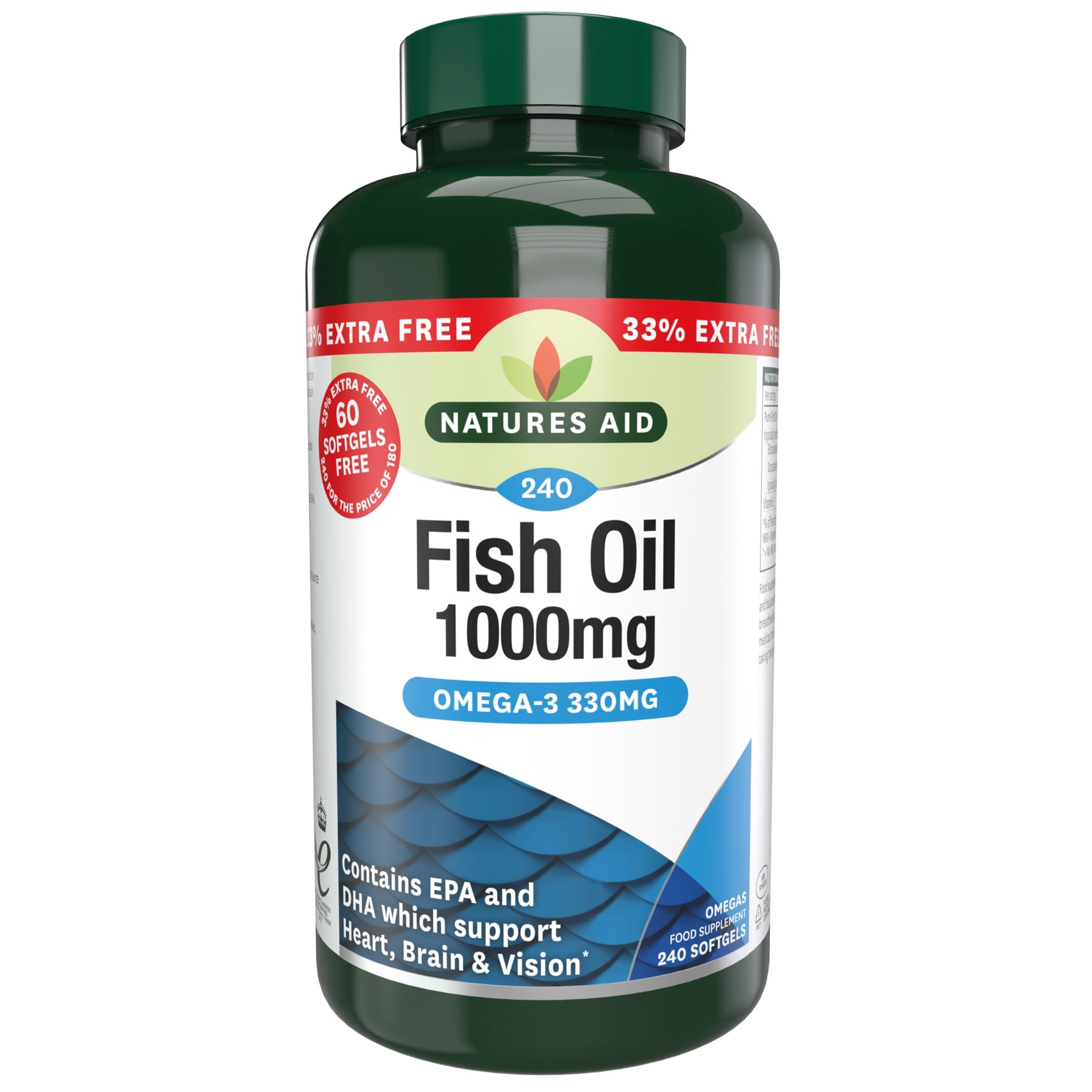Natures Aid Fish Oil 1000mg – High Strength Omega-3 Supplement with DHA & EPA – Supports Heart, Brain Vision, Immune & Joint Health Non-GMO – High Strength Natural Fish Oil – 240 Softgel Capsules