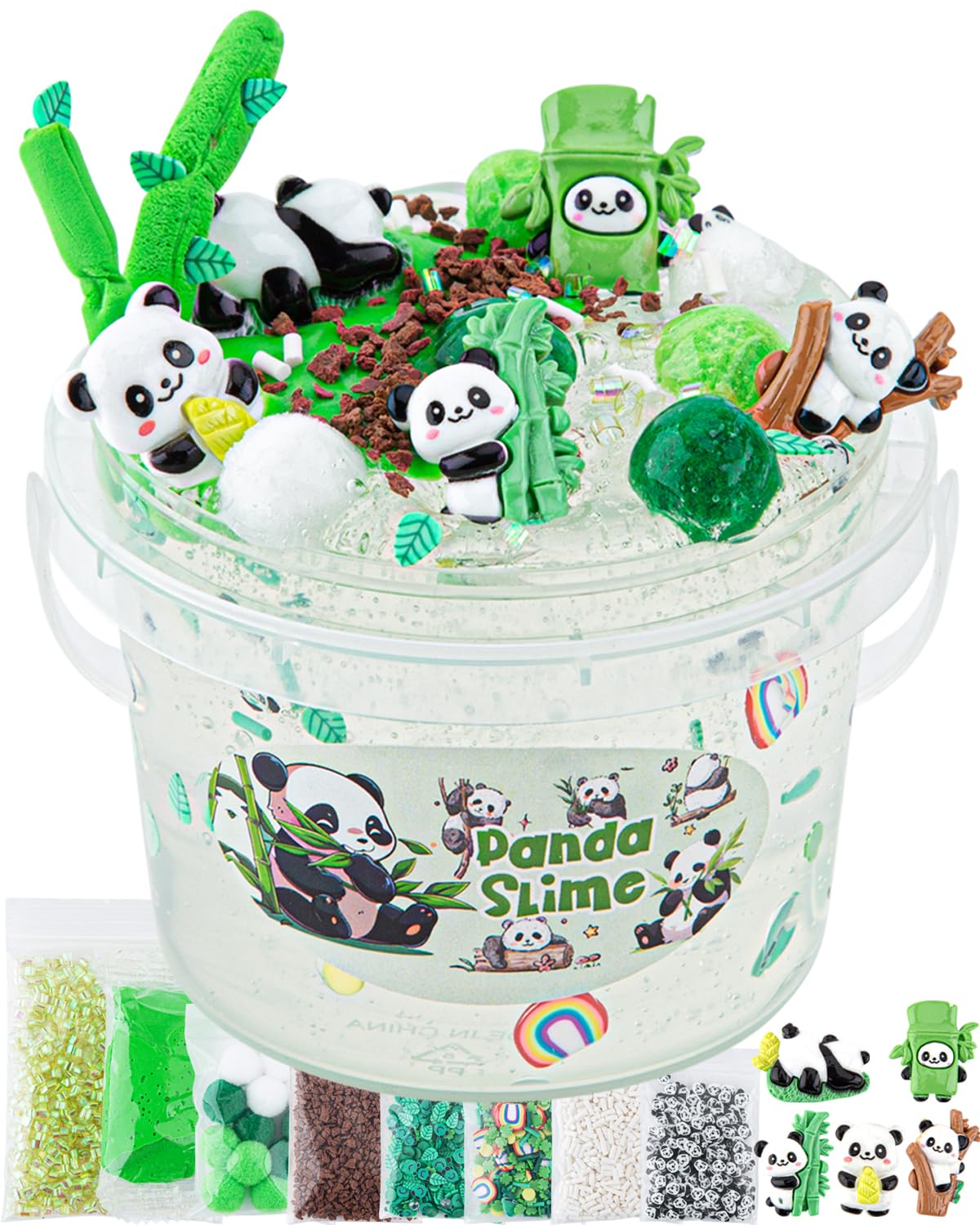 Okaybee 10 FL OZ Panda Clear Slime Bucket, Big Kit With Clay, Party Favors for Kids, Glimmer Crunchy Slime Includes 9 Packs of Add-ins, Super Soft and Non-Sticky