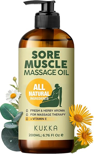 KUKKA SORE MUSCLE MASSAGE OIL FOR MASSAGE THERAPY – 6.76 FL OZ – 100% PURE NATURAL, EUCALYPTUS & ROMAN CHAMOMILE, RELAXING BODY & FACE OIL FOR SORE MUSCLES, SPA & YOGA, LIGHT WEIGHT