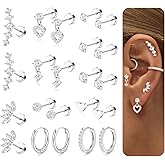 LOLIAS Hypoallergenic Flat Back Earrings for Women Cartilage Earrings Stacks-20G Surgical Stainless Steel Flatback Stud Hoop Earring Set Daith Conch Tragus Helix Piercing Jewelry