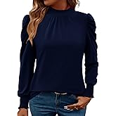 LUYAA Puff Long Sleeve Shirts for Women Tops Dressy Casual Frill Mock Neck Smocked Cuffs Blouses