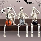 Halloween Skeleton Statue Set of 3, See Speak Hear No Evil Figurines | Gothic Decoration of Skull with Pumpkinand Tombstone, Realistic Skull Collectible Figures for Home Party Decoration