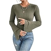 SweatyRocks Women's Bell Sleeve Crop Tops Dressy Casual Crewneck Lettuce Trim Ribbed Fitted Shirts