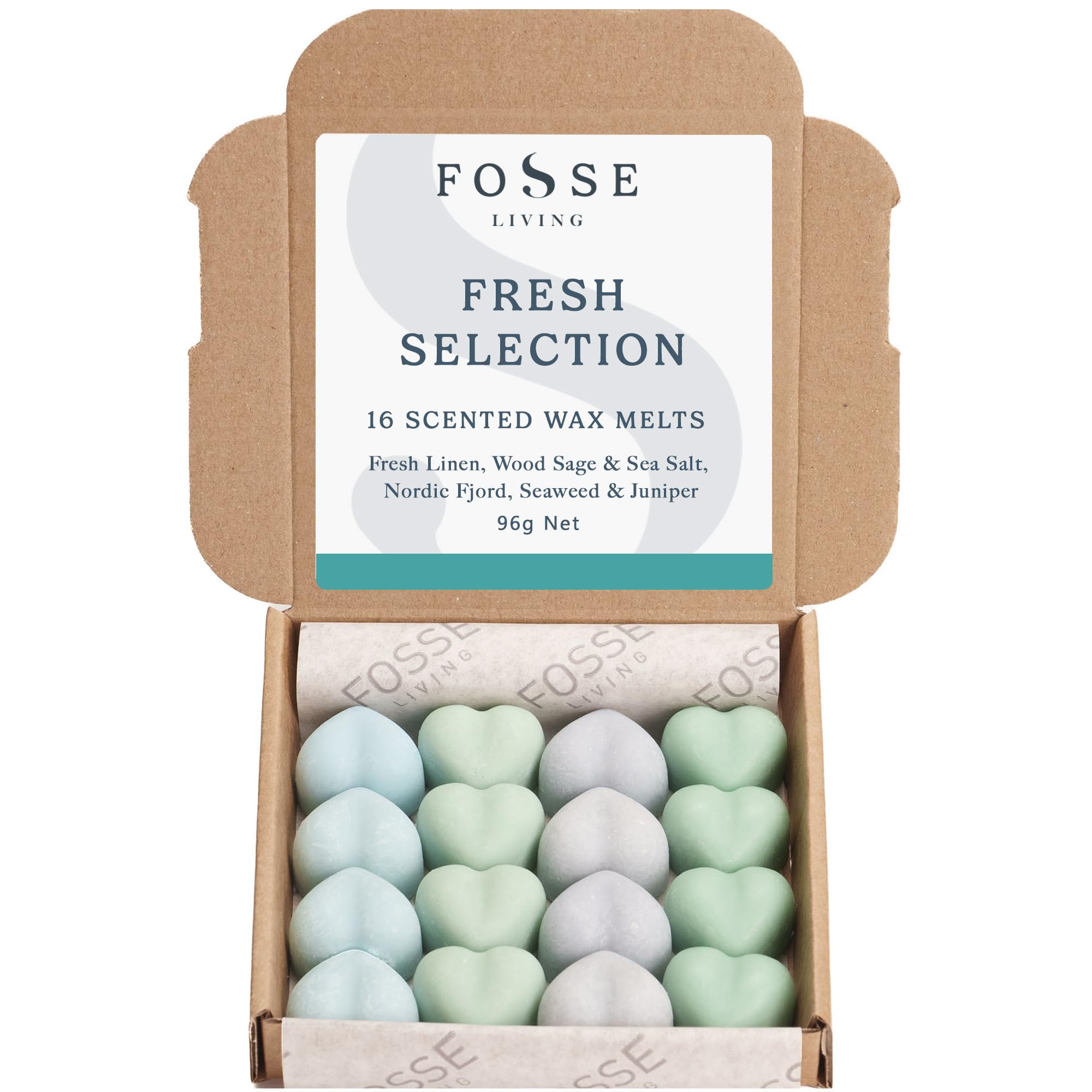 Fresh Selection Soy Wax Melts 16 Pack | Fresh Linen, Wood Sage & Sea Salt, Nordic Fjord, Lemon & Juniper | Natural, Vegan & Plastic Free | Up to 96 Hrs Scent | Handmade in UK – Fosse Living