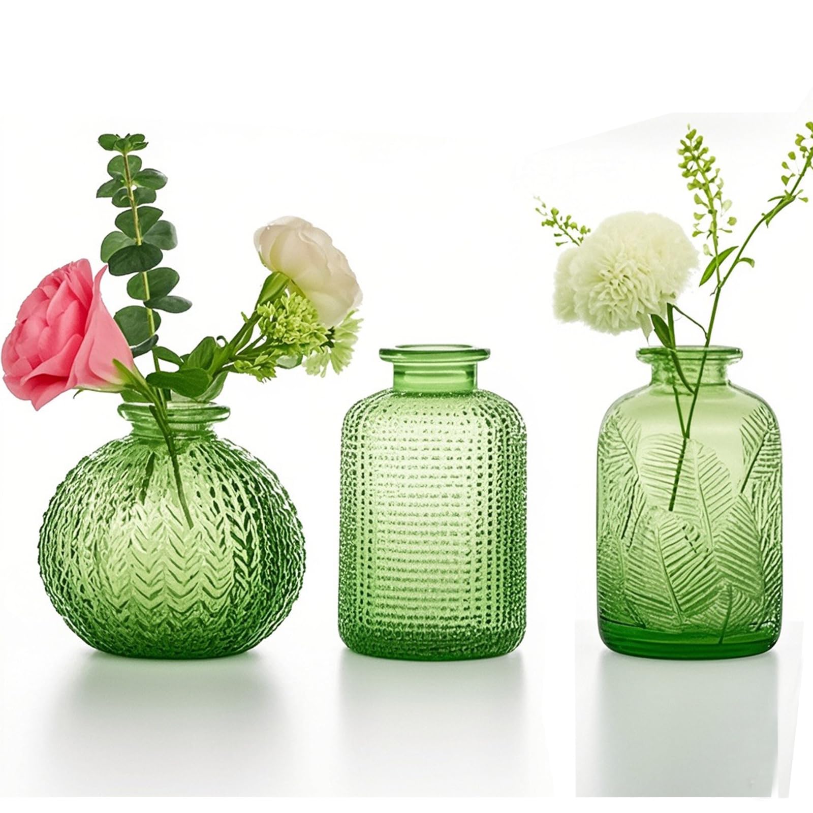 Small Vases for Flowers EylKoi - 3pcs/set Bud Vase Glass Green Different Shapes, Vintage Wedding Decor, Bud Vases in Bulk for Centerpieces Small Glass Single Flower for HomeEventsTable,2#
