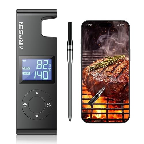 AIRMSEN Wireless Meat Thermometer with Smart LCD Display Standalone Base for 72H Use Meat Probe, 500FT Long Range, 5.4 Bluetooth Meat Thermometer with APP&Ceramic Zirconia Handle for Grill Oven