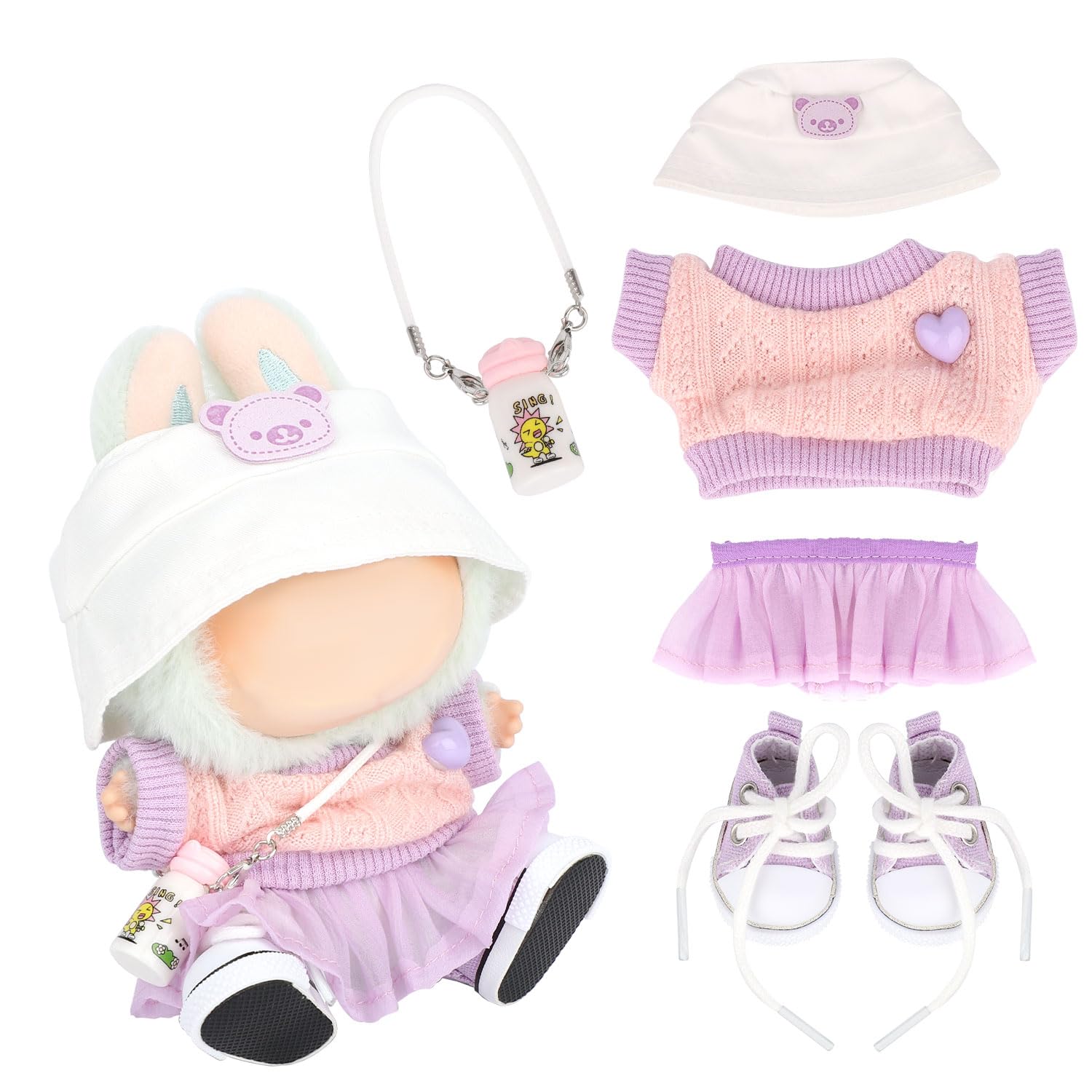 BOXOB Plush Doll Clothes Set, 5pcs Kawaii Outfit Include Sweater, Purple Gauze Skirt, Hat, Small Water Bottle and Canvas Shoes for Dressing up 15cm 17cm Doll Accessories (No Dolls)