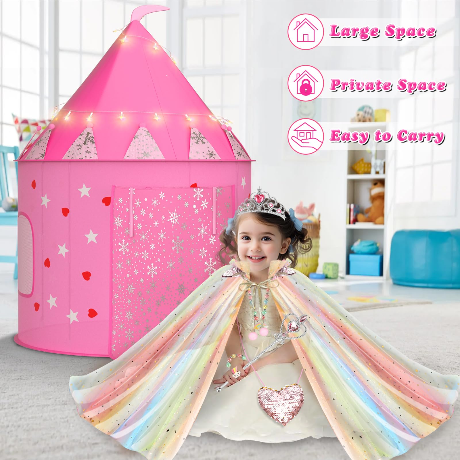 URCUZER Princess Tent with 13PCS Dress Up for Girls, Castle Playhouse with Star Lights for Kids Indoor and Outdoor Games (Rainbow)