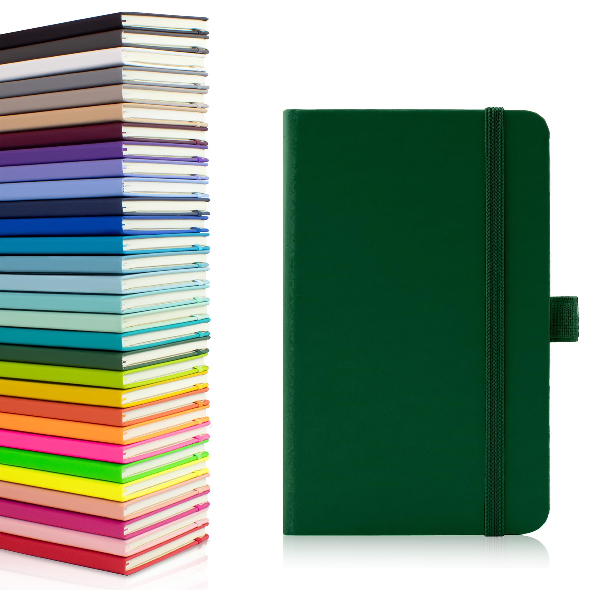 Notes London Eco A6 Notebook with Lined Pages, Pen Loop, Ribbon, Date Marks and Paper Pocket, Pocket Hardback Journal, Note, sustainably sourced paper (Green)