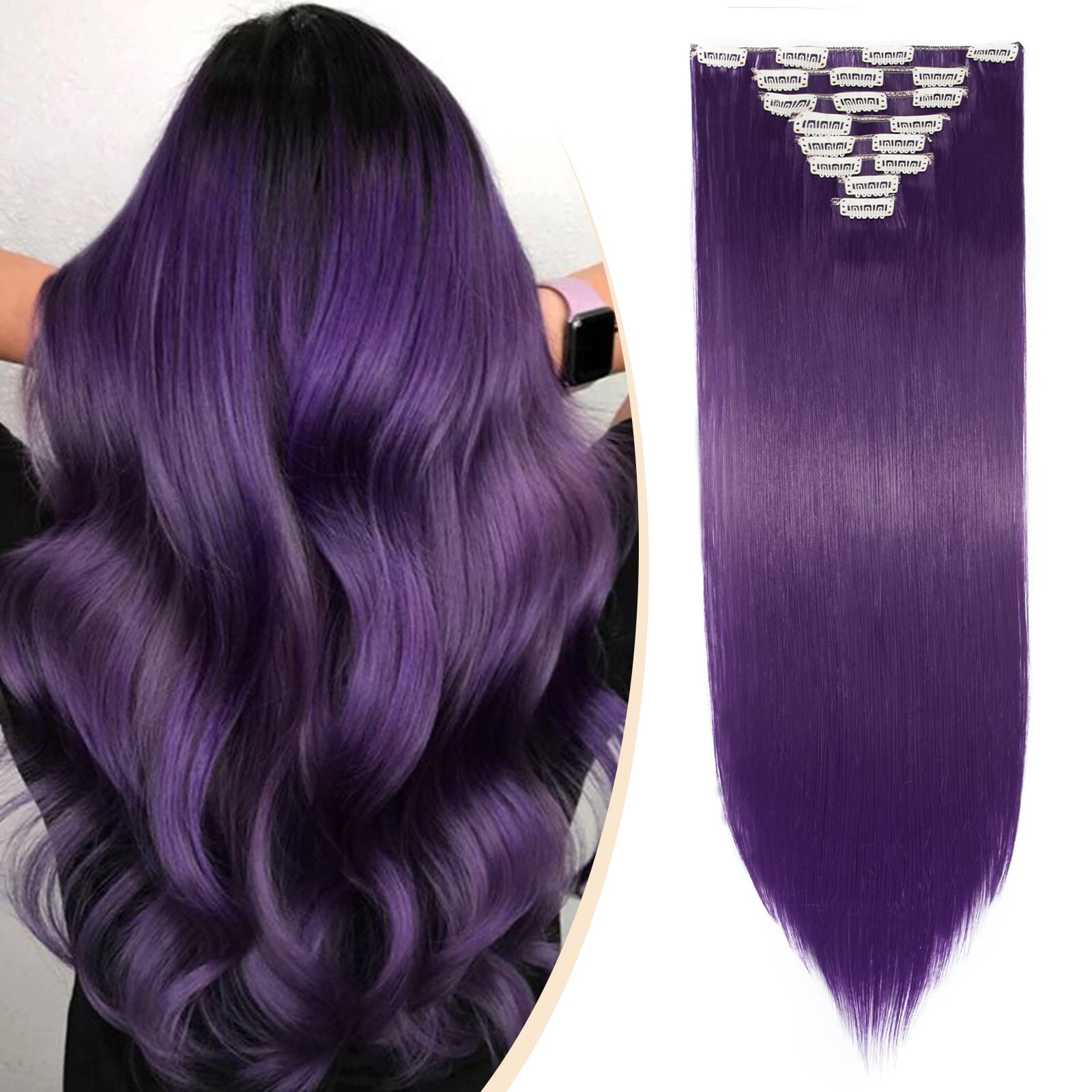 S-noilite® 17-26 Inches(43-66cm) 8pcs Long Full Head Clip In Hair Extensions Extension Sexy Lady Fashion Halloween Choice 60 Colours (26 Inches-Straight, Purple Blue)