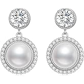 PEIMKO 925 Sterling Silver 10MM White Pearl Earrings for Women Vintage 5A Cubic Zirconia Freshwater Pearl Dangling Earrings Valentine’s Day/Birthday Gifts
