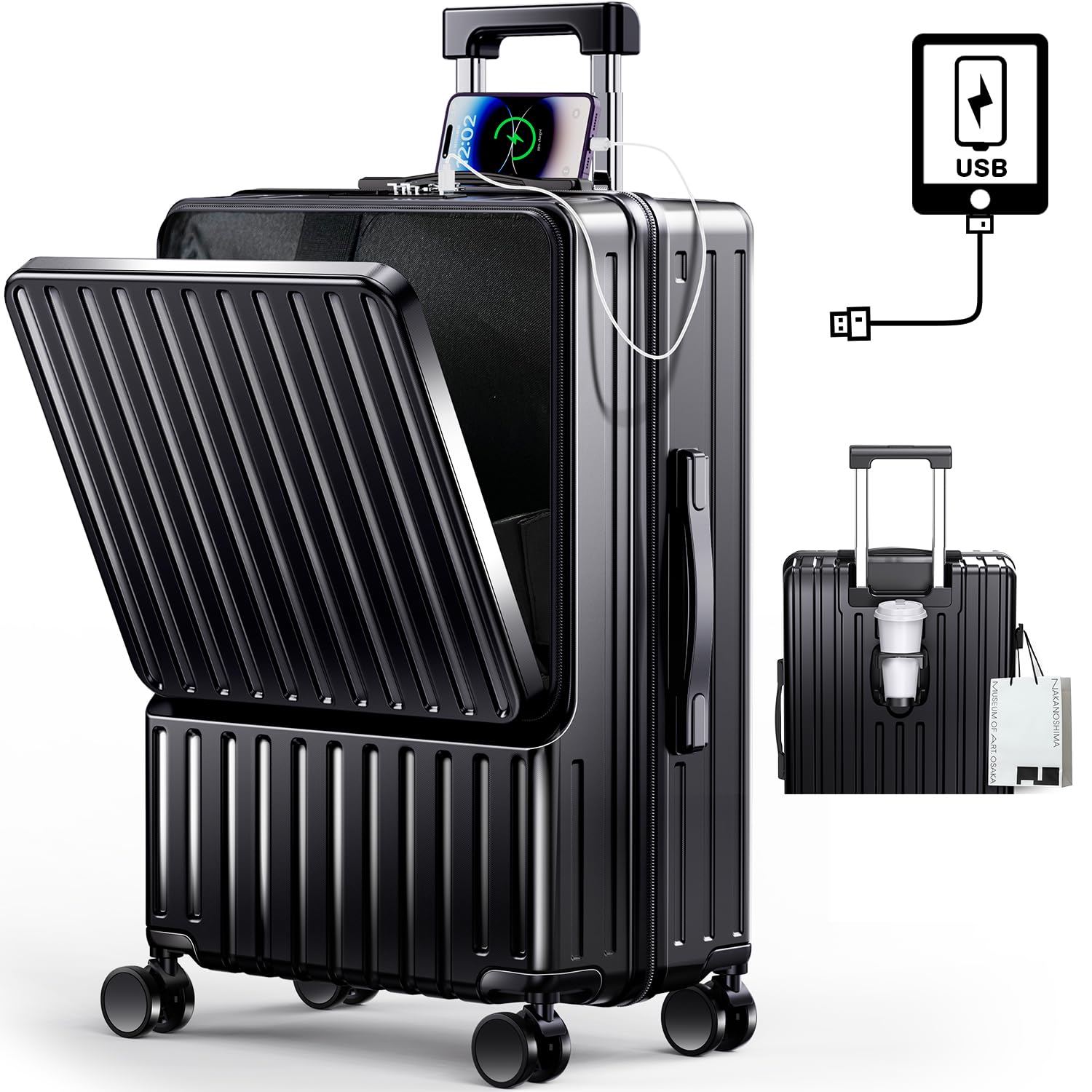 [BARGOHOY] スーツケース フロントオープン 多機能 キャリーケース 軽量 カップホルダー付き 隠しフック機能 キャリーバッグ USBポート付き 耐衝撃 静音 360度回転 TSAローク ファスナータイプ キャリーバッグ 人気 おしゃれ 旅行 ビジネス 出張 修学 泊まる 入院 (ブラック, Sサイズ機内持込OK /42L(1～3泊))商品画像