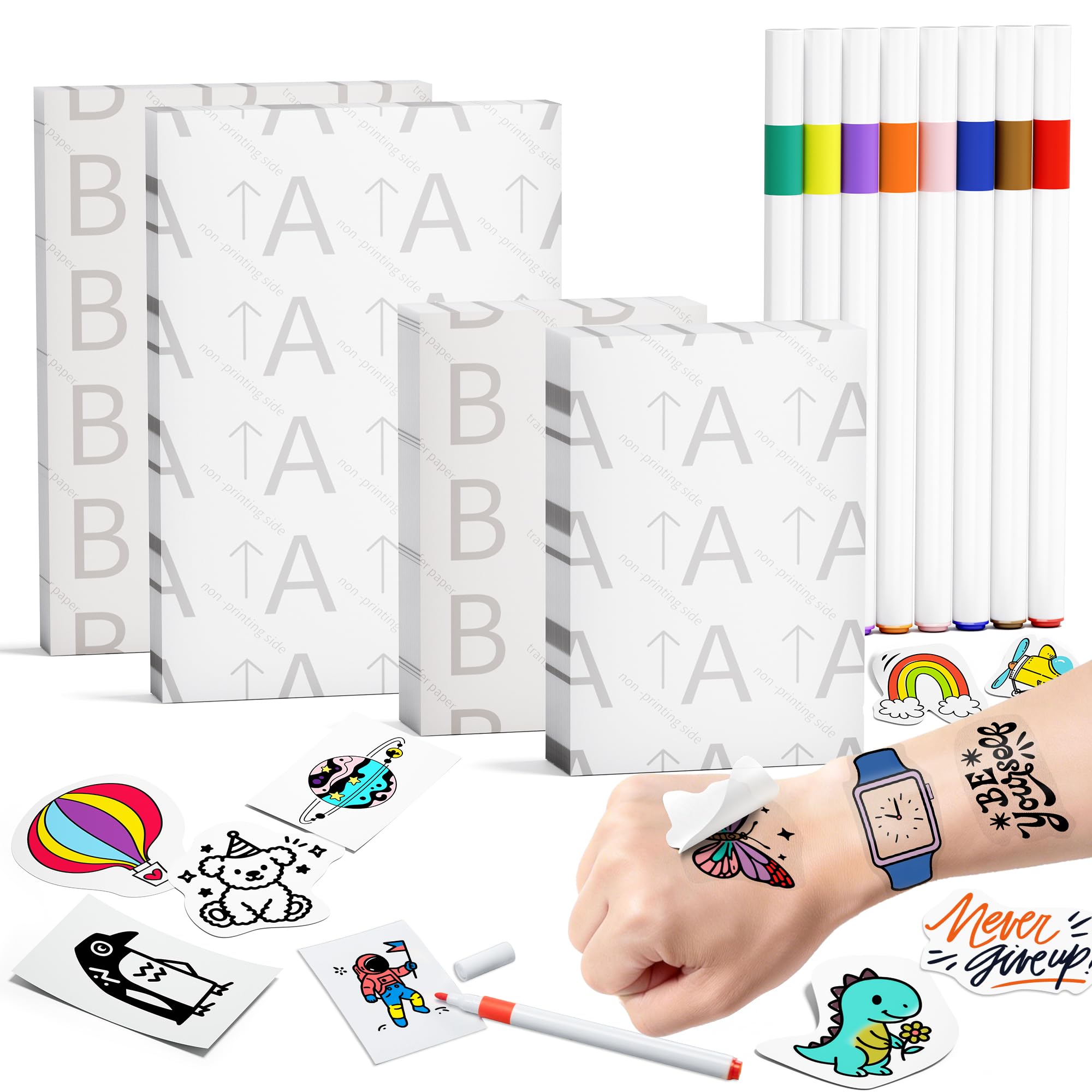 Phomemo TK32 Temporary Tattoo Maker Supplies Kit, Includes 50 Sheets of Tattoo & Transfer Paper (40 Pcs 2x3", 10 Pcs 3x5"), and 8 Markers. Compatible with TK32 Sticker Printer for All Your Needs