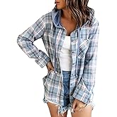 Ezcosplay Women Shacket Flannel Plaid Tops Long Sleeve Plaid Blouse Hood Button Down Casual Shirt Coat