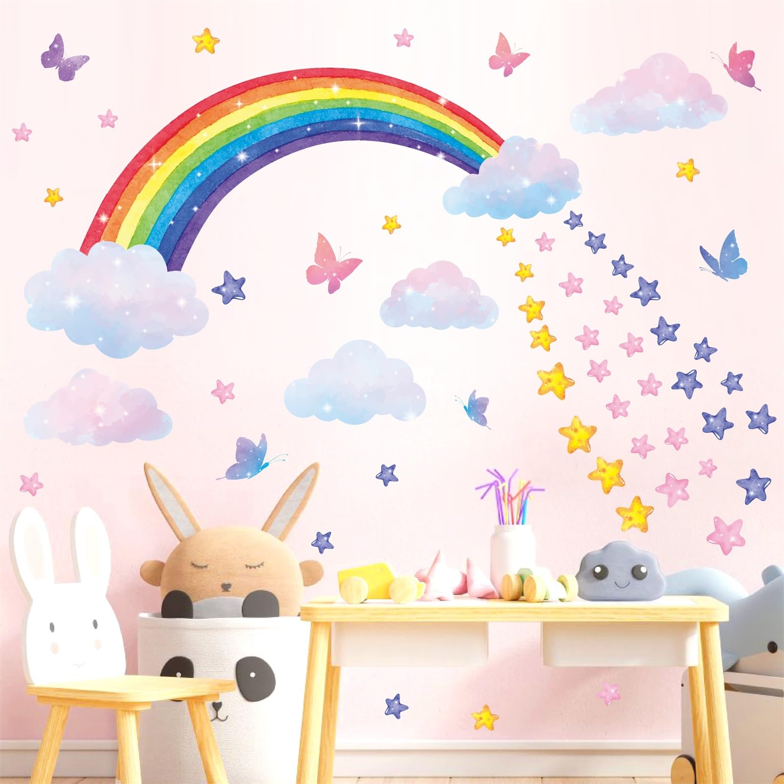 Watercolor Rainbow Wall Decals for Bedroom Decor Rainbow Butterfly Wall Sticker Baby Nursery Wall Stickers Removable Colorful Star Cloud Wall Decals for Girls Boys Room Kids Room Play Room Decoration