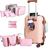 YANQIAO Luggage 10 Piece Set, 20″ Carry On Luggage with Suitcase Organiser, PC+ABS Hard Shell Suitcase, with Spinning Wheels, Suitable for Business Travel, Travel Essentials (Pink)