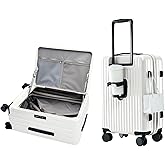 HotWay 20 Inch Expandable Carry On Luggage with Cup Holder, Hardside TSA Approved Luggage with Spinner Wheels, Top Opening Suitcase For Travel, White