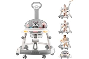 GODMY Baby Walker, 4-in-1 Foldable Baby Walkers and Baby Activity Center with Toys Tray,3-Gear Height Adjustable Infant Toddler Baby Walker with Wheels for Baby Boys and Girls 6-24 Months(Grey)