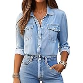 Denim Shirt Women Chambray Jean Western Shirts Long Sleeve Button Down Tops