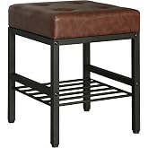 DEPSIS PU Leather Ottoman Stool, Square Foot Rest with Storage Shelf | Modern Industrial Style Footstool with Soft Cushion, Bottom Storage Rack for Bedroom, Living Room, Entryway &amp; Office