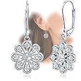 Sterling Silver Dangle Earrings with CZ Charms Hoop Earring Dainty Flower White Gold Plated Hypoallergenic Fashion Jewelry for Sensitive Ears Trendy Birthday Gift for Women