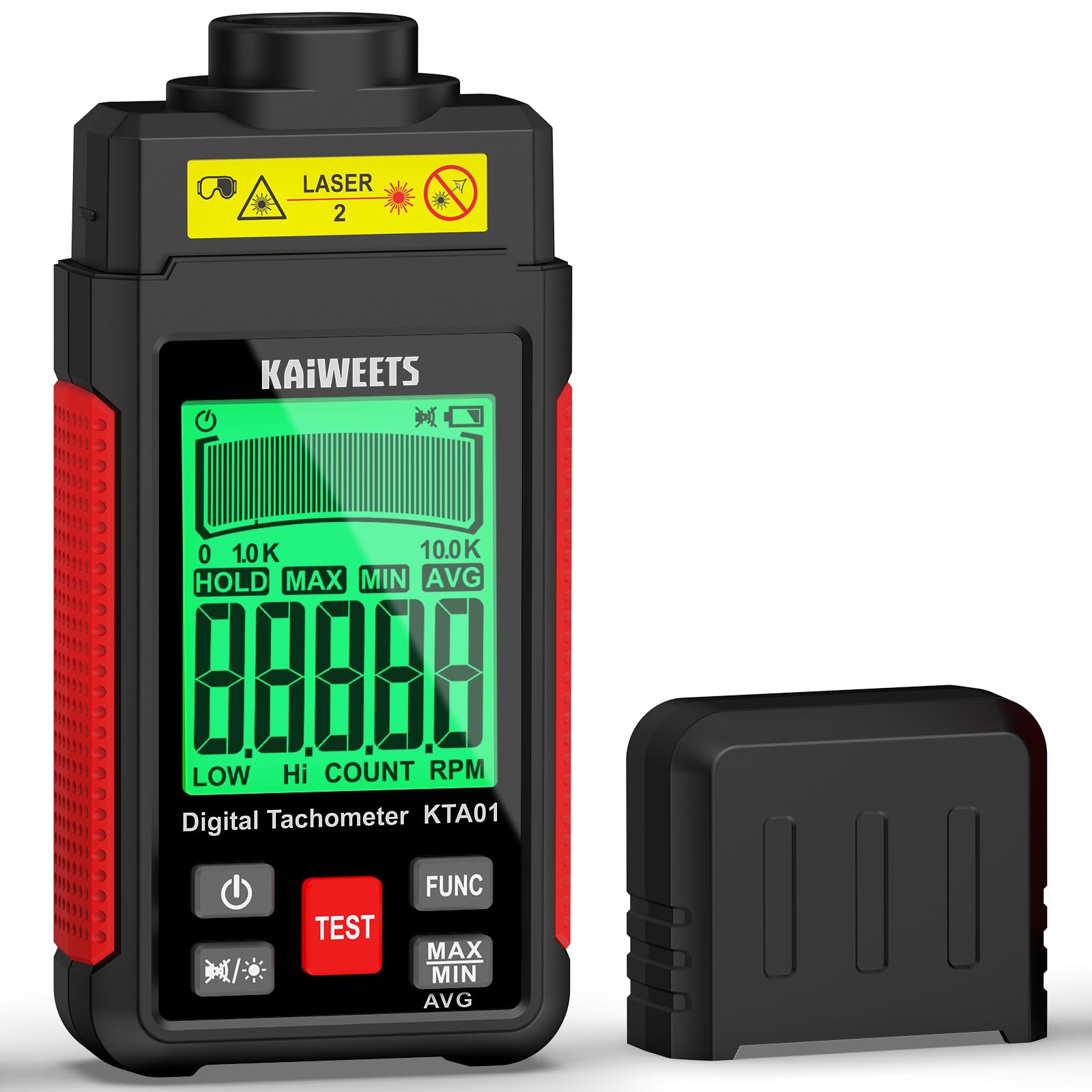 Photo 1 of KAIWEETS Non Contact RPM Tachometer with Reflection Tape, 10-99999 RPM High Accuracy Laser Digital Tachometer with Large LCD, RPM Meter with Backlight, Data Hold, and Max/Min/AVG Function