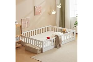Karl Home Toddler Floor Bed With Door and Fence for Kids, Montessori With 12 Slats and Safety Guardrails, Solid Wood Full Frame for Girls, Boys (White)