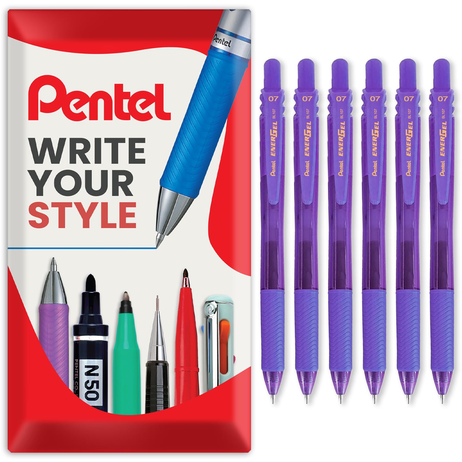 Pentel Energel X BL107 Retractable Gel Rollerball Pens - 0.7mm Nib - Pack of 6 in Envelope Gift Packaging (Violet)
